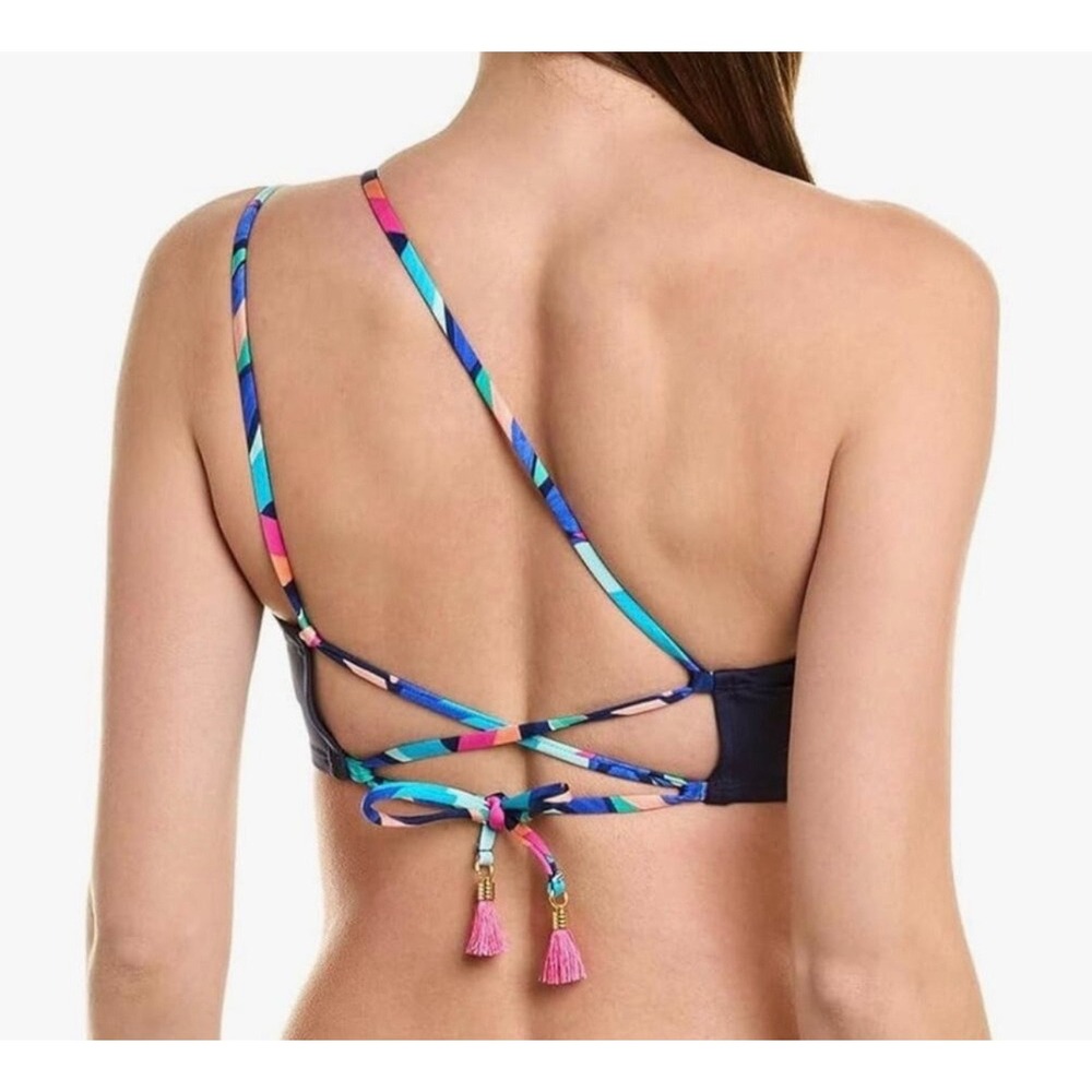 La Blanca Painted Leaves One Shoulder Midkini Bikini Top Tassel Navy Pink NWT - Picture 2 of 5